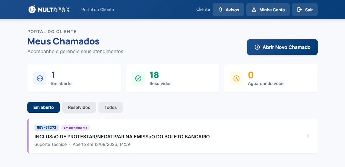 Painel inicial do MultDesk, o portal de atendimento da Multilógica.