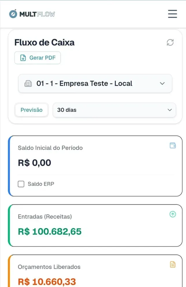 Fluxo de caixa do MultFlow no celular.