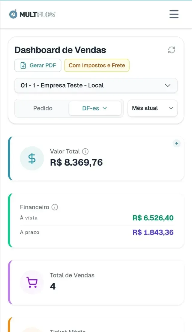 MultFlow no celular com o dashboard de vendas.